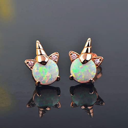 Rose Gold Unicorn Earrings For Girls, 14K Hypoallergenic Earrings For Kids Arskro S925 Sterling Silver Cute Tiny Small Fire Opal Stud Earrings Jewelry Gifts For Little Toddlers Teen Girl Sensitive Ears #TOP4