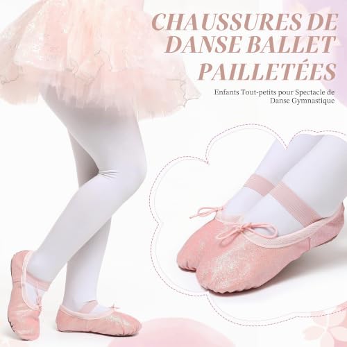 Aiseyi Chaussures de ballet pour filles, chaussures de ballet avec paillettes, chaussures de danse en cuir, semelle complète, chaussures plates de ballet pour enfants et jeunes enfants, rose, 28 EU – vue 4