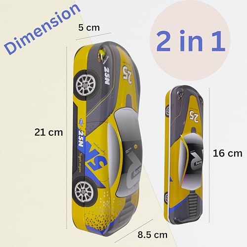 Image of ZAFCO Metal Car Pencil Box for Kids | Compass for Boys | Two in One Pen Box for Students | Car Geometry for School | Pencil Box for Boys | Birthday Return Gift 1 Unit (Yellow)