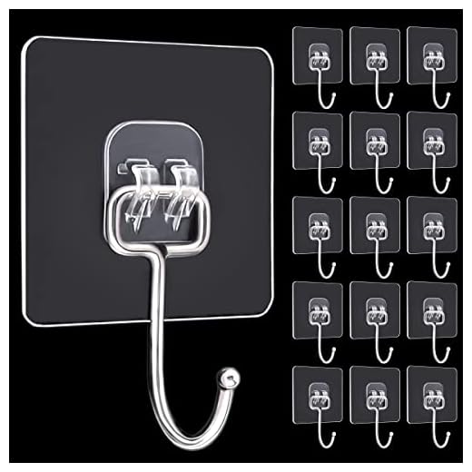 Large Adhesive Hooks, 16 Pack Heavy Duty Hold 44lb(Max) Sticky Hooks, Waterproof and Rustproof Wall Hooks for Hanging, Self-Adhesive Traceless Clear Wall Hooks to Use for Kitchen Bathroom Home Office