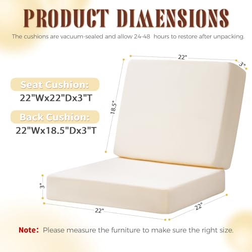 Image of Deep Seat Patio Cushions Set, 22x22 Inch Waterproof & Fade Resistant Outdoor Chair Cushions, Thick Padded Replacement Sofa Cushions for Garden Yard Furniture