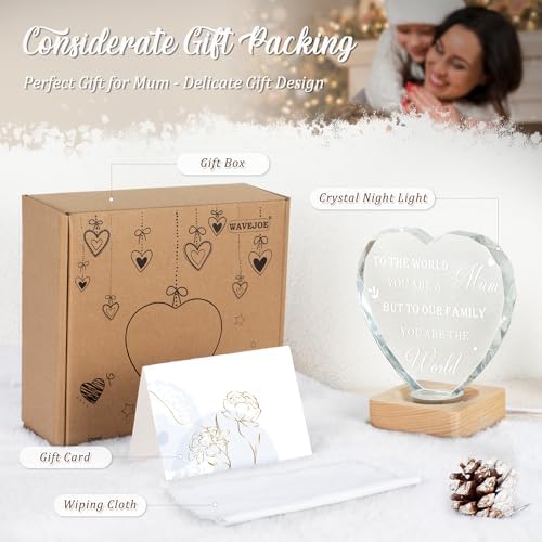 WAVEJOE Gifts for Mum, Mum Gifts from Daughter Son, Mum Birthday Gifts Crystal Night Light, Personalised Presents for Mum, Stepmum, Pregnant Mum, New Mum Gifts, Best Mum Ever Crystal Lamp