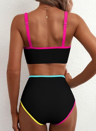 Herseas Women's 2 Piece High Rise Black Bikini Sets Plus Size Deep V Neck Adjustable Strap Beach Swim Suits 2026 Teen Girls Bathing Suit Casual Resort Wear Black and Pink Contrast XX-Large — view 2