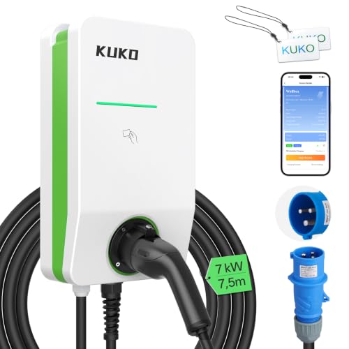 KUKO Wallbox 7kW mit APP(4G/WLAN/Bluetooth) OCPP, Typ 2 EV Ladegerät, 1-Phasen CEE Ladestation für Zuhause mit Stromzähler & RFID, 7,5m Ladekabel, 32A 230V AC Laden für BEV/PHEV, TÜV & CE, IP55 Schutz