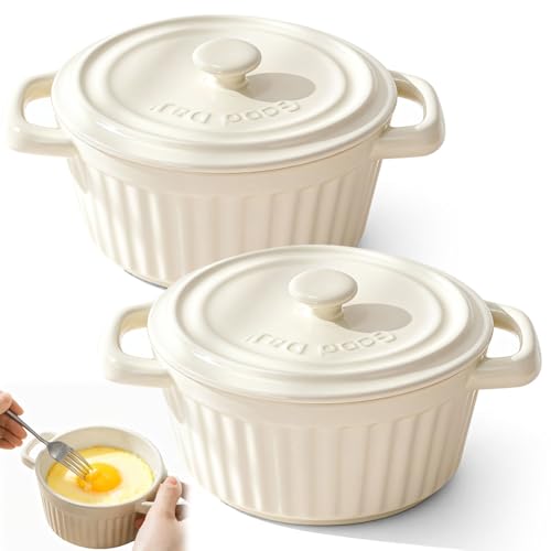 Umllpet Lot de 2 mini cocottes avec couvercle, en porcelaine, avec poignées, petits ramequins à gratin en céramique, mini cocotte pour lasagnes, soufflé, four, micro-ondes et lave-vaisselle