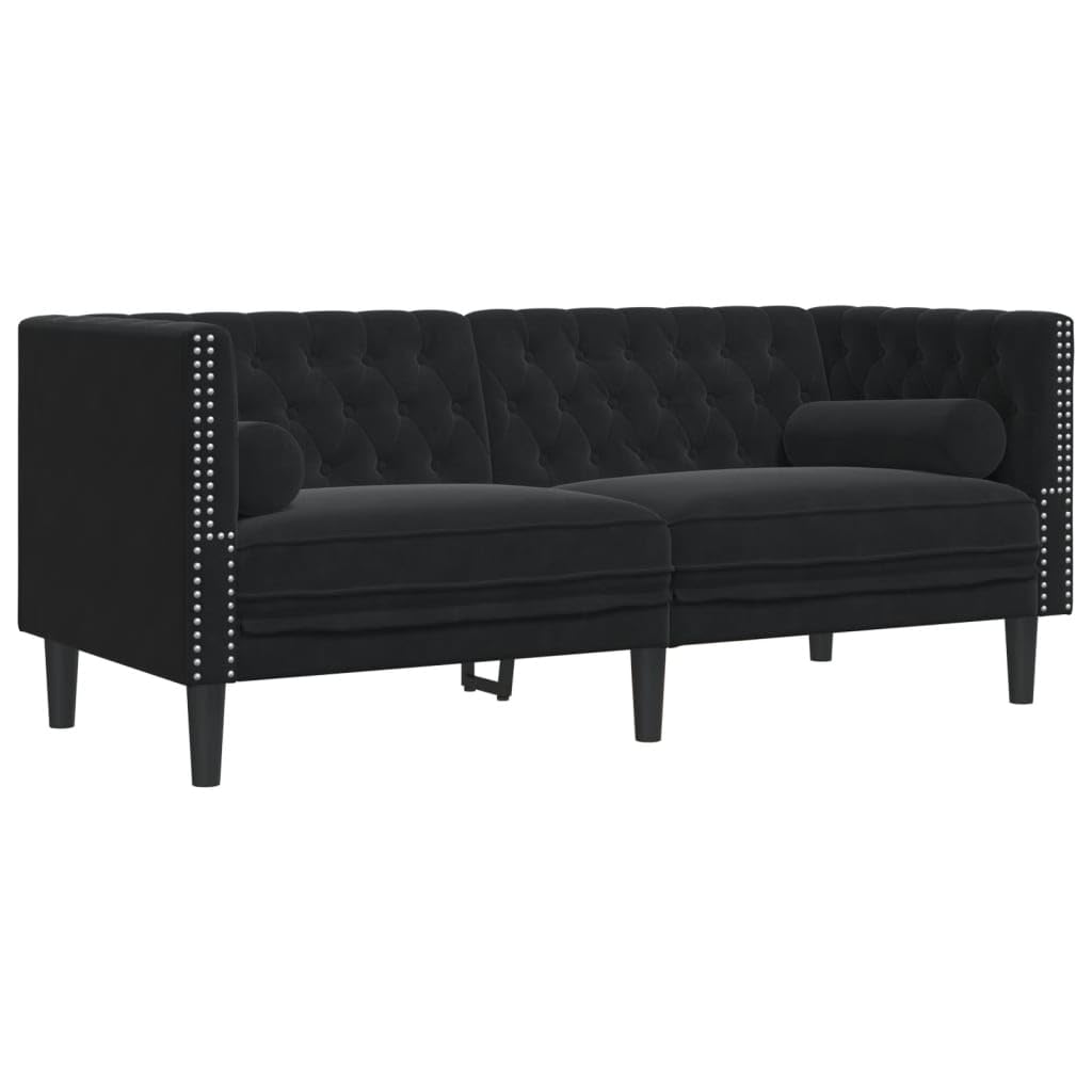 Canapé 2 Places, Causeuse de Salon Fauteuil Sofa 2 Places Chesterfield avec traversins Noir Velours 174 x 74,5 x 70,5 cm