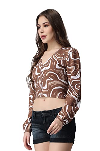 Image of POPWINGS Casual Brown Marble Prin Crop Top for Women || V-Neck Crop Top for Women || Full Sleeves Women Crop Top for Summer || Stylish Western Crop Top for Women