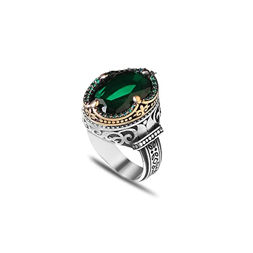 Emerald Stone Men Silver Ring, 925 Sterling Silver Emerald Gemstone Ring, Handmade Engraved Turkish Silver Ring #TOP23