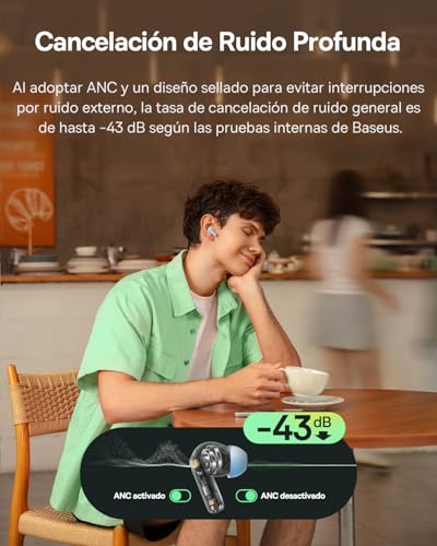 Baseus EP10 NC - Auriculares in-ear con cancelación de ruido, Bluetooth con -43 dB ANC, cancelación de ruido adaptativa, auriculares con 4 micrófonos KI llamada clara, IP55, 41H tiempo de reproducción - imagen 2