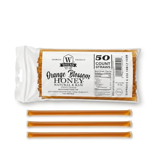 Weeks Pure Raw Orange Blossom Honey Straws, 50 Count Pack All-Natural Citrus Honey Sticks, Kosher Certified, Single-Serve Portable Sweetener for Tea, Snacks & On-the-Go Energy, Made in USA