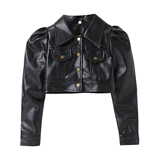 WASAIGOOD Toddler Girls Motorcycle Jackets PU Faux Leather Coat Turn-Down Collar Long Sleeve Crop Tops Outerwear Coats