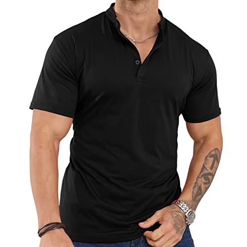 Mens Henley Short Sleeve Shirts Stretch Casual Slim Fit T-Shirts Basic Button Cotton Tee Top Black M #TOP1