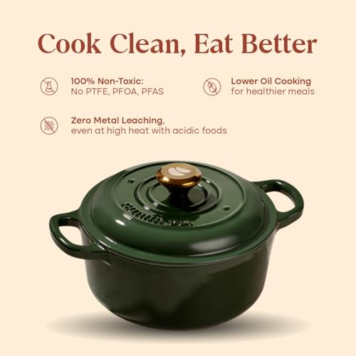 Image of CUMIN CO. Cast Iron Dutch Oven 2.5L, 20 cm | Induction Base Cookware | 10 Years Warranty | Non Toxic Non Stick Biryani Pot with Lid | Heavy Bottom | Chemical Free Coating | Free Accessories | White