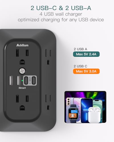 Image of Addtam 6-Outlet Extender Surge Protector, Multi Plug Wall Outlet with 4 USB Wall Charger(2 USB C Ports), Plug Extension Outlet with 1800J, Outlet Splitter Power Strip for Home Office, 2 Pack, Black