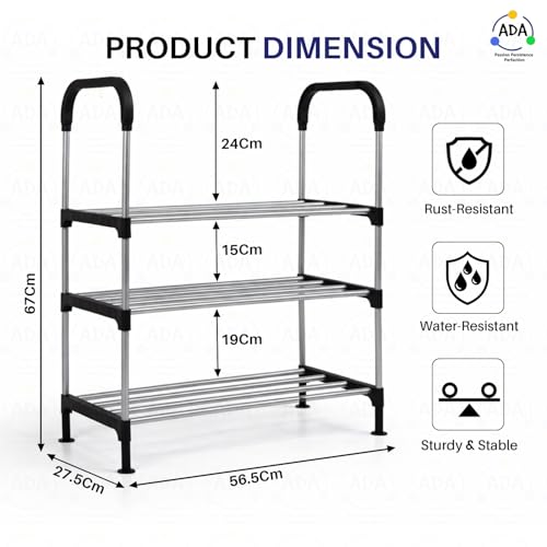 Image of ADA Premium Multipurpose Shoe Rack | 3-Tier Shoe Storage Organizer, Compact Space Saver, Sturdy & Durable Rack for Entryway, Living Room, Bedroom & Closet - Black & Grey