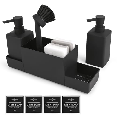 Distributeur Liquide Vaisselle et Gel Douche, Organisateur Evier avec Set d'Éponges, Brosse pour Évier, Cuisine et Salle de Bain (Noir)