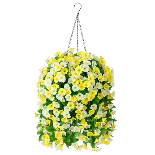 Artificial Flowers with Hanging Basket, Outdoor Faux Plants UV Resistant
