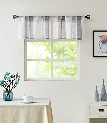 Central Park Navy and White Kitchen Window Curtain Valance Vertical Stripe Sheer Boucle Linen Window Curtain, Living Room Decorative Rod Pocket (54\" W x 15\" L) Rustic Living Panels