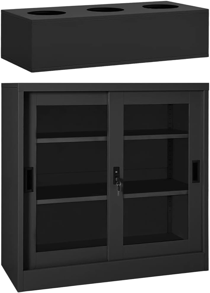 Anthracite Steel Cabinet with Planter Box Medium, Tempered Glass Sliding Doors, Adjustable Shelves Storage Cabinet for Living Room, Office Storage Locker with Durable Powder-Coated Finish