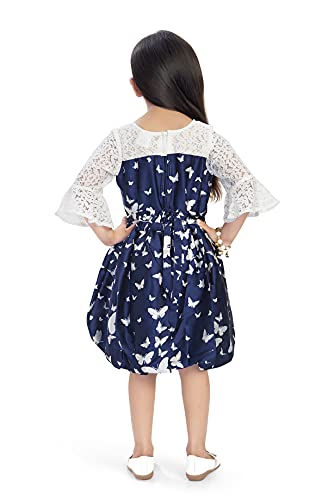 Image of Doodle Butterfly Dress for Girls | Breathable Kids Frock & Dresses | Western Frocks with Waist Band & Round Collar | Knee Length with Layered Bell Sleeves (Option Navy | Age 4 to 12 Years)