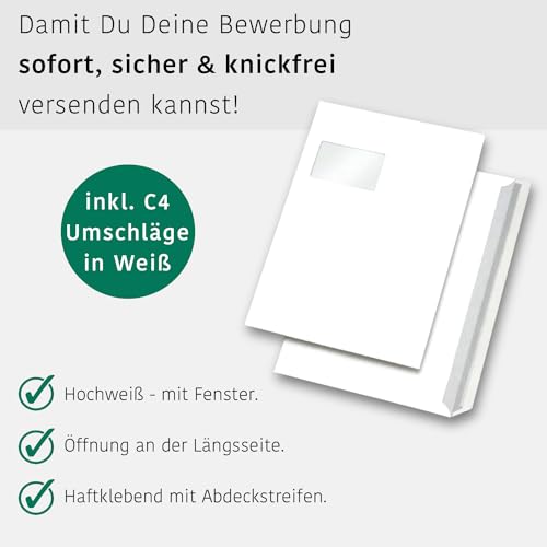 3 Stück 2-teilige Bewerbungsmappen Schwarz mit 1 Klemmschiene in feinster Lederstruktur - inkl. 3 Versandumschläge im C4-Format mit Fenster