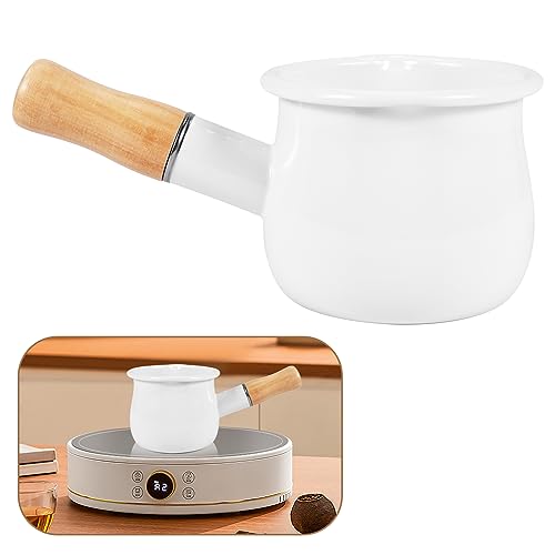 omolly Enamel Milk Pan, 4 Inch 17 Oz Milk Pot Ceramic Milk Saucepan with Wooden Handle, Non Stick Milk Pan Enamel Pan for Heating Milk, Melting Butter, Boiling Water (White)