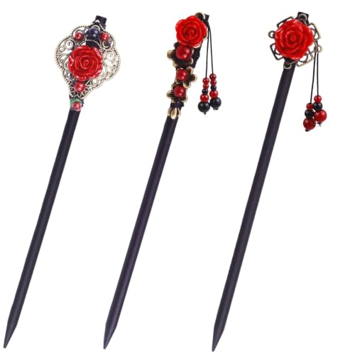 3 Pieces Retro Wooden Hair Sticks with Tassels and Flowers - Vintage Handmade Rose Hair Accessories for Women and Girls