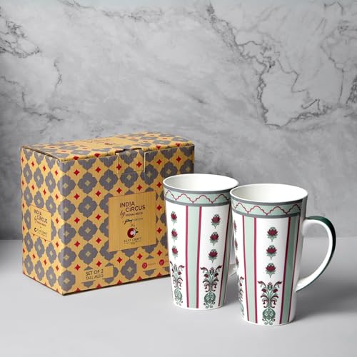 Image of India Circus Fine Elegant Design Ceramic Tall Milk Mugs for Home and Kitchen (Multicolor, 600 ml) - Set of 2 (CC19)