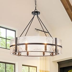 Black Glass Chandelier for Dining Room, 28″ Modern Drum Large Glass Chandelier Entryway Light Fixture, Farmhouse Hanging Pendant Light for High Ceiling Foyer Living Room Kitchen