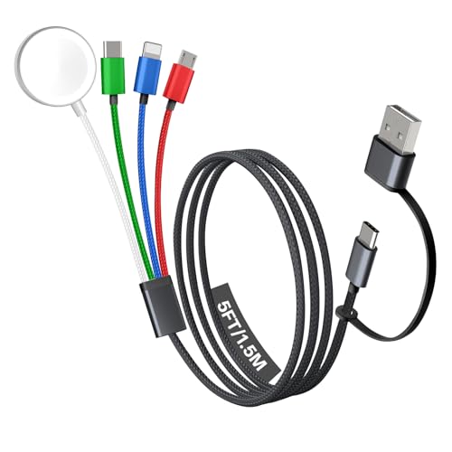 Travel Essentials, 4 in 2 Multi Charging Cable for Apple Watch Charger/iPhone Charger,USB C Cable Cord for iPhone 17-11/iWatch Ultra/10-2/Galaxy S25-S20, Android Phones, Kindle, MP3-MultiColor,5FT