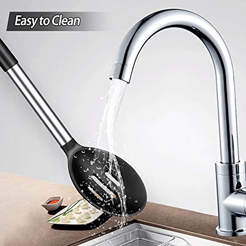 Pack Of 2 Large Silicone Cooking Spoons, Non-Stick Stainless Steel Slotted And Solid Spoon Set For Serving, Mixing, Draining, Heat Resistant, Scratch Resistant And Bpa Free Kitchen Scoops (Black) #TOP5