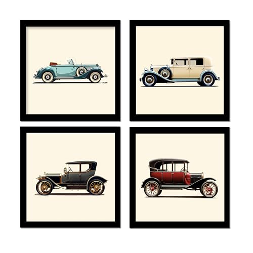 Image of Rousrie Vintage Car Wall Art Framed Posters, Set of 4, Multi Colour, Modern Style Decorative Paintings for Living Room