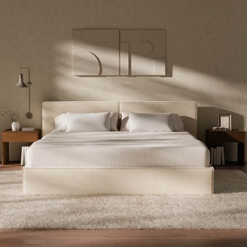 Image of RECCI King Platform Bed Frame with Plush Upholstered Headboard 6-Inch, Easy Assembly, Noise-Free Stability (Beige, King (U.S. Standard))