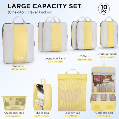 Image of OlarHike 10 Set Compression Packing Cubes for Travel Essentials,Compressible Expandable Space Saver Bags for Organizing Clothes,Luggage Suitcase Garment Bags with Over 1000 pcs Mesh Holes(Yellow)