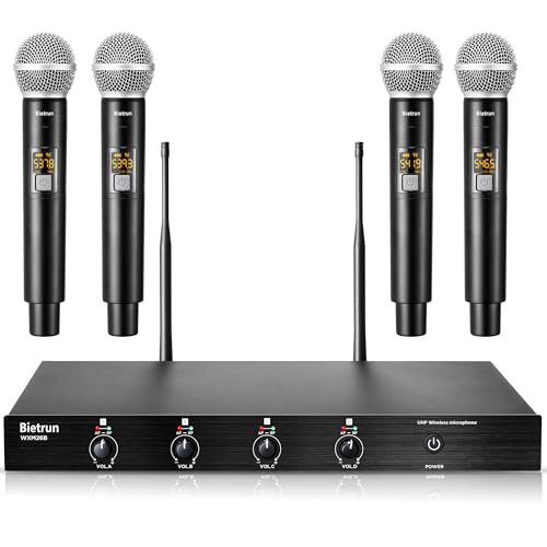 Image of Bietrun 4-Channel Wireless Microphones System with 4 Handheld Mics, UHF Metal Dynamic Cordless Mics for Karaoke, Singing, Church, Family Theater(Auto Connect /295FT Range /Fixed Frequency), Black
