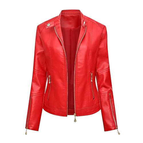 Manteau en similicuir rouge 3XL pour femme avec col montant et fermeture éclair