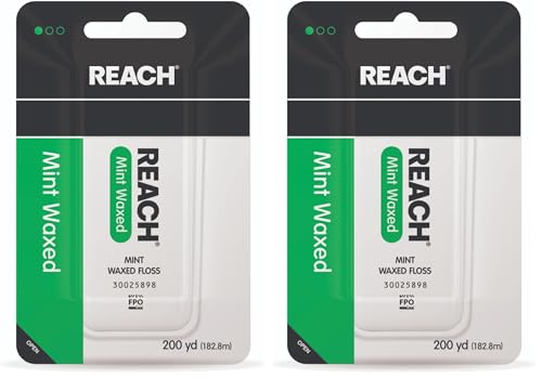 Reach Waxed Dental Floss | Effective Plaque Removal, Extra Wide Cleaning Surface | Shred Resistance & Tension, Slides Smoothly & Easily, PFAS Free | Mint Flavored, 200 Yards, 2 Pack