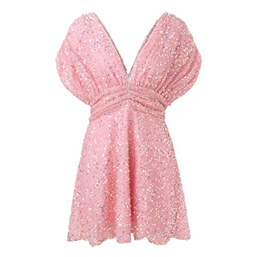 Vestido feminino sexy de lantejoulas, gola V, colado ao corpo, curto, coquetel, festa, boate, vestid