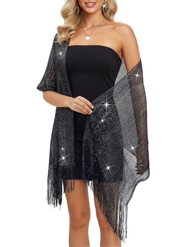 Womens Sparkly Metallic Knit Fringe Scarf Glitter Long Skinny Scarf for Party4