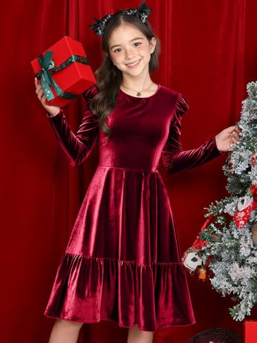 Girls Christmas Dress Velvet Fall Winter Ruffled Crew Neck Long Sleeve A-line Party Outfits Dresses2