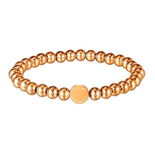 Kim Johanson® Pulsera de cuentas de acero inoxidable para mujer en oro rosa, pulsera de perlas con bolas de 6 mm, resistente al agua, pulsera de bolas elástica, hecha a mano, con caja de regalo