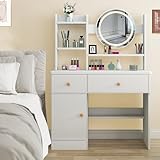 Tocador con espejo de iluminación LED, 3 colores con brillo ajustable, tocador con 2 cajones y taquilla grande, moderno tocador de madera, color blanco