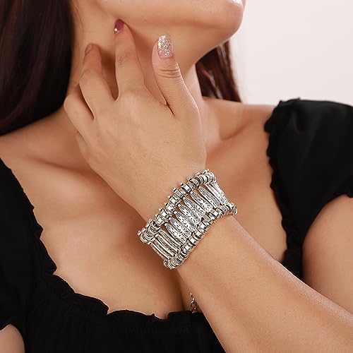 Wiwpar Boho Chunky Vintage Silver Turkish Geometric Link Statement Bracelet Bohemian Tribal Ethnic Wide Cuff Bracelets Bangle Jewelry Gifts for Women3