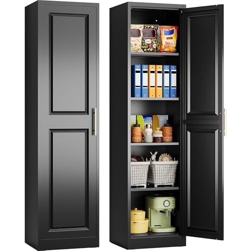 SISESOL 71″ Tall Narrow Storage Cabinet with 1 Door and 5 Shelves,Slim Kitchen Pantry Cabinet,Black Metal Bathroom Cabinets,Large Cupboard for Home,Kitchen,Laundry,Bathroom