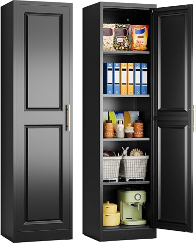 SISESOL 71' Tall Narrow Storage Cabinet with 1 Door and 5 Shelves,Slim Kitchen Pantry Cabinet,Black Metal Bathroom Cabinets,Large Cupboard for Home,Kitchen,Laundry,Bathroom