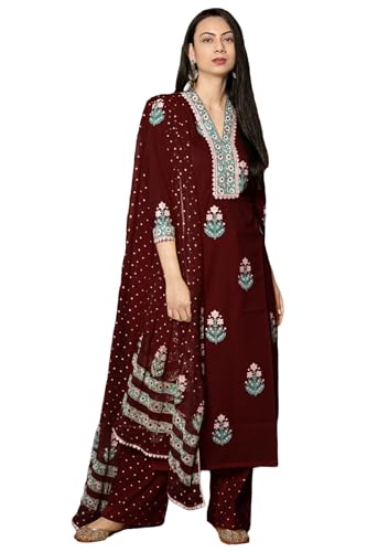 Image of GoSriKi Women's Cotton Blend Straight Hand Block Printed Kurta with Pant & Dupatta | Ethnic Wear for Women | Indian Casual Office Daily Summer Outfit