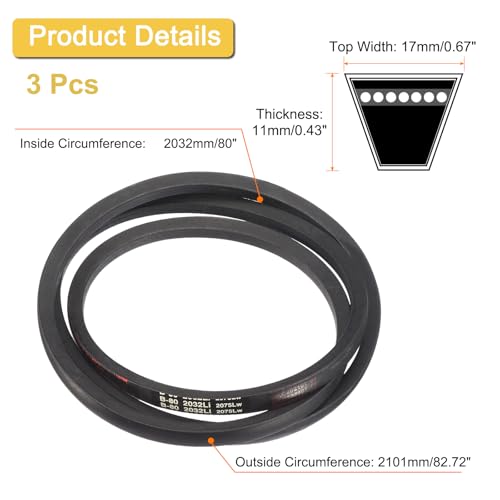 Image of uxcell 3 Pack B80 Classic Wrapped V-Belt, 83 inch Outside Circumference Wrapped Industrial Rubber V-Belt B Profile V-Belt for Industrial Machinery Equipment, Black