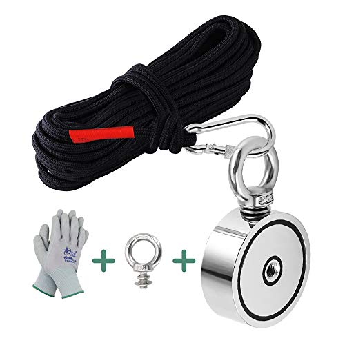 MHDMAG Double Sided Fishing Magnet with 65FT Rope and Gloves. 600lbs Combined Pulling