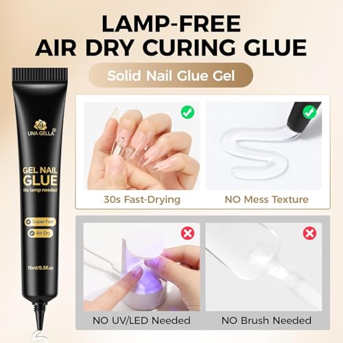 UNA GELLA Starker Nagelkleber Gel, 15 ml*2 Stück Keine UV-/Licht lampe Nagel kleber, Quick Drying Super Starker Nagelkleber für Press-On Kunstnägel Tips Extension DIY-Kit