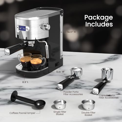 Electactic 20 Bar Espresso Machine, Professional Stainless Steel Coffee Maker with LCD Display, 45oz Removable Water Tank, Home & Office Espresso Maker for Cappuccino Latte Macchiato, Black by Electactic - Used condition - Image 7